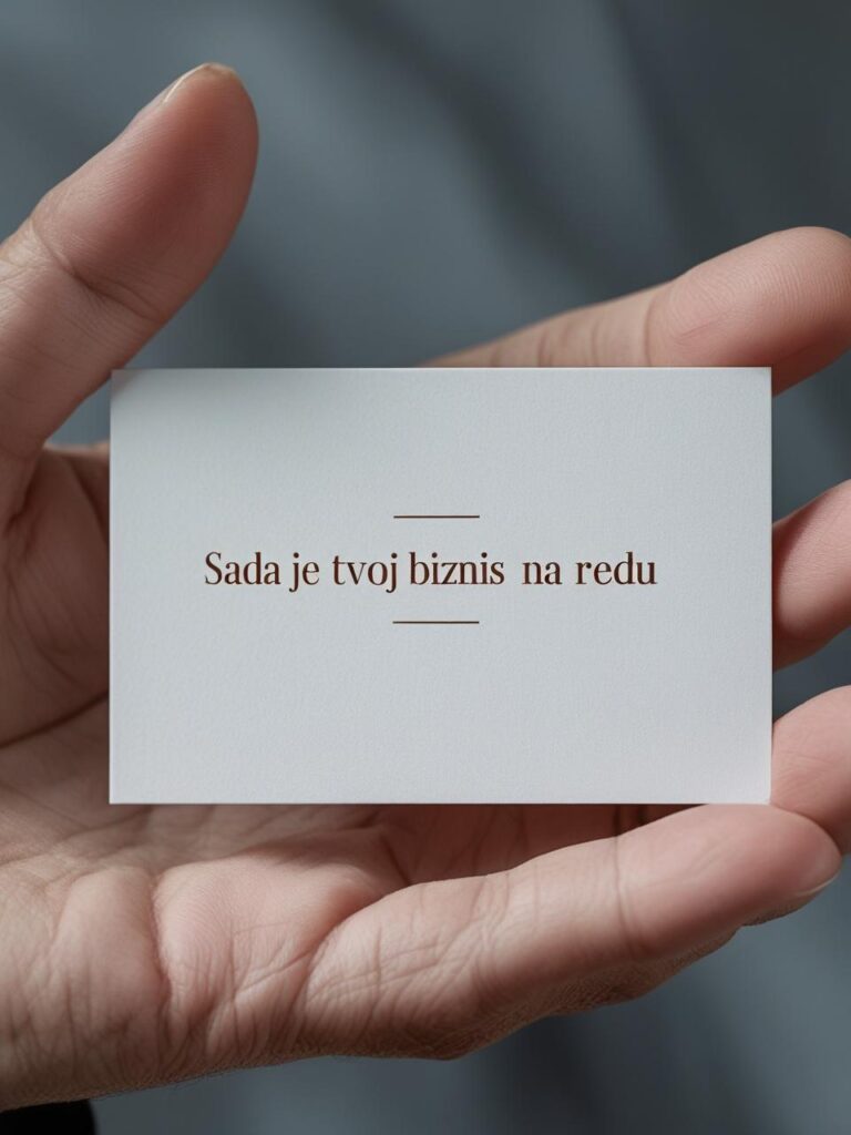 hodling a business card with a caption _Sada je tvoj biznis na redu_